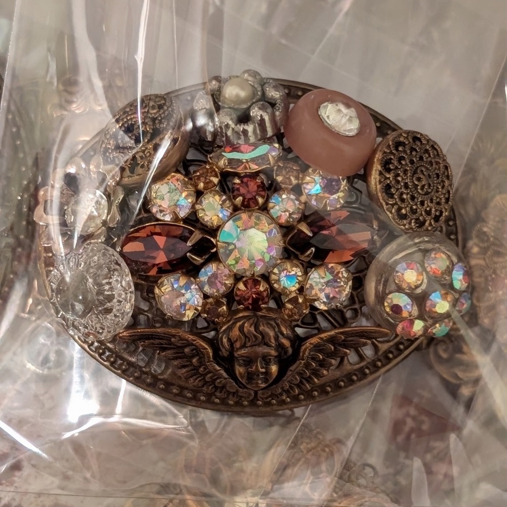 OOAK Vintage-style Angel Brooch with Brown and Crystal Rhinestones